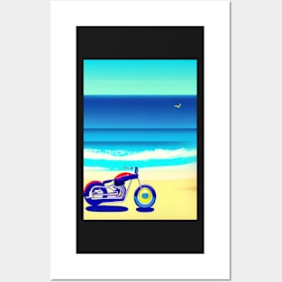 TRENDY SURREAL RETRO MOTORCYCLE ON THE BEACH Posters and Art